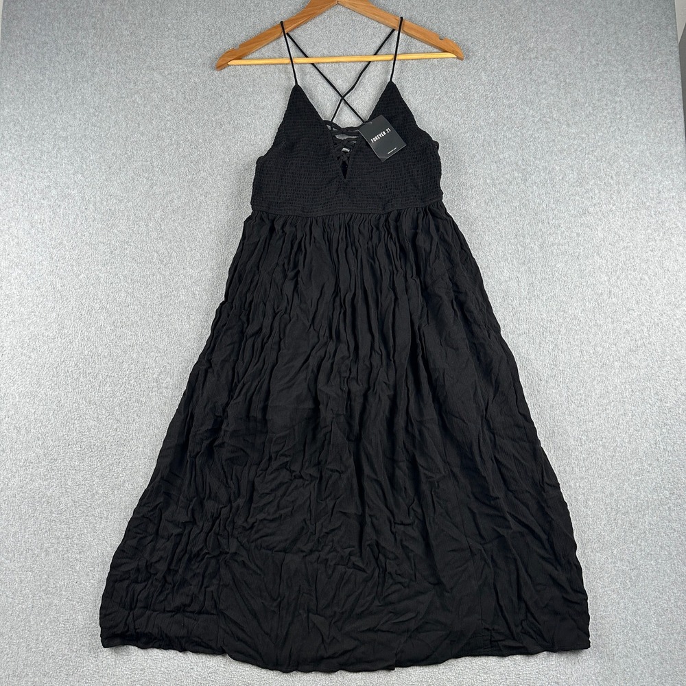 Forever 21 Dress Womens Large Woven Dress - LO Black Smocked Lace-up Boho NEW